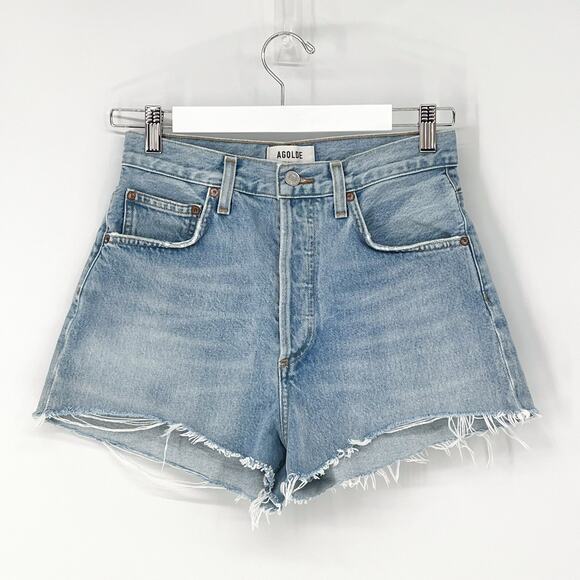 AGOLDE Mila High Rise Denim Shorts Women’s Size 26 Hazard Light Wash Raw Hem - Picture 2 of 5